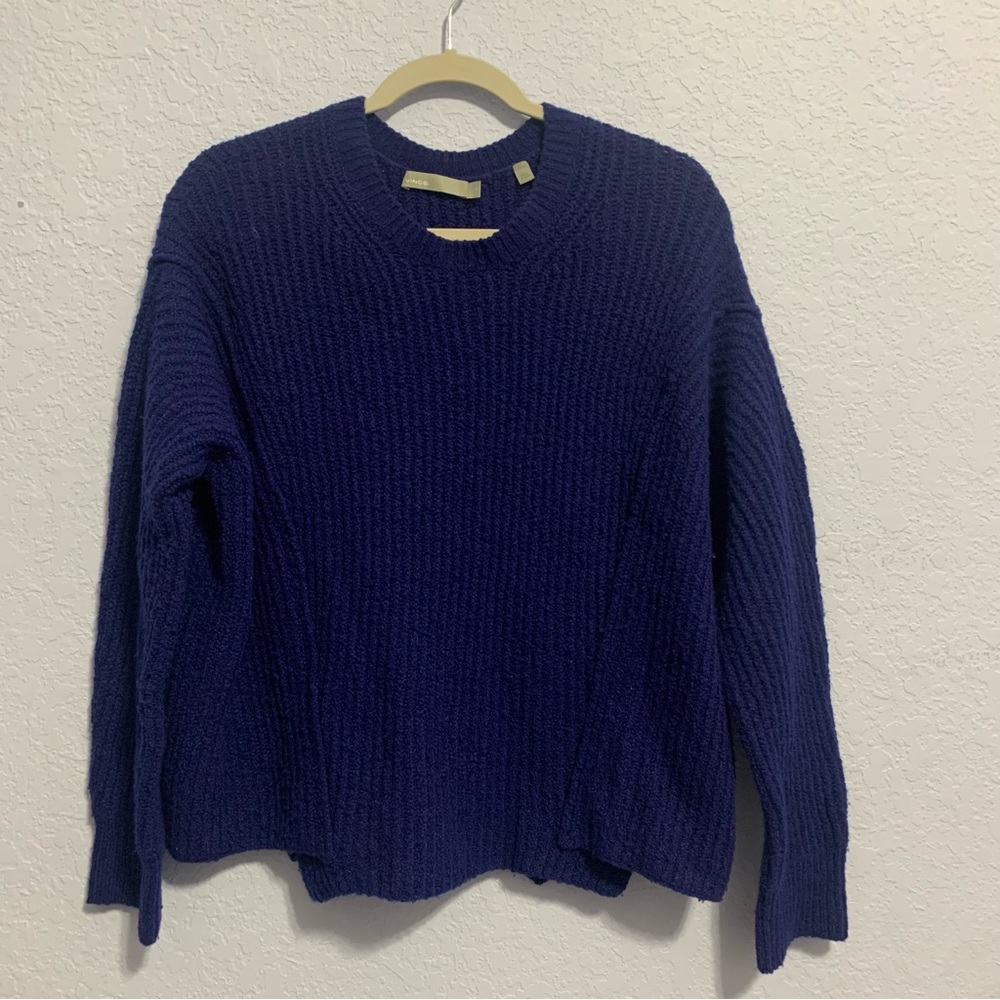 Vince Blue Ribbed Knit Asymmetrical Over Lap Panel Sweater